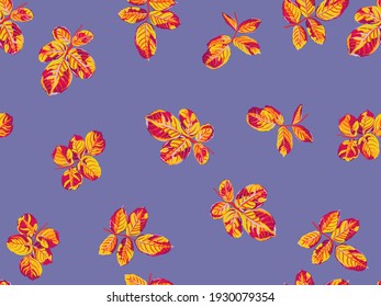 Romantic Botanical Vector Background. Repeated Spring Peony Wallpaper. Painted English Rose Leaf Patterns Collection. Rose Leaves Seamless Pattern. Summer Textile Design. Saffron Yellow and Red
