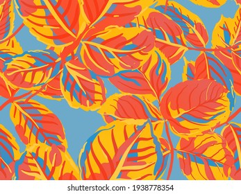 Romantic Botanical Vector Background. Repeated Spring Peony Wallpaper. Summer Textile Design. Saffron Yellow and Red Rose Leaves Seamless Pattern. Painted English Rose Leaf Patterns Collection.