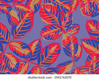 Romantic Botanical Vector Background. Rose Leaves Seamless Pattern. Saffron Yellow and Red Summer Textile Design. Painted English Rose Leaf Patterns Collection. Repeated Spring Peony Wallpaper.