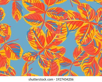 Romantic Botanical Vector Background. Saffron Yellow and Red Summer Textile Design. Painted English Rose Leaf Patterns Collection. Repeated Spring Peony Wallpaper. Rose Leaves Seamless Pattern.