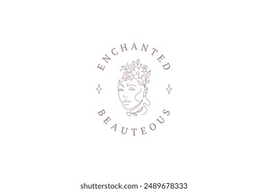 Romantic botanical woman face continuous line logo design template vector illustration. Blossom female portrait with flower hairstyle minimalist circle logotype coiffure hairdresser cosmetics brand
