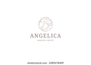Romantic botanical woman face with flower hair line logo design template for hairdresser vector illustration. Beautiful female floral natural organic blossom outline logotype for coiffure beauty salon