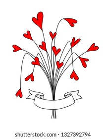 Romantic bouquet of decorative flowers with hearts and ribbon for Mother's day, Valentine's day or wedding.