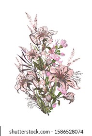 Romantic bouquet of flowers of lilies, lavender and field herbs. Flowers, leaves and twigs with buds are collected in an elegant composition on a white background. Isolated vector for print, textile, 
