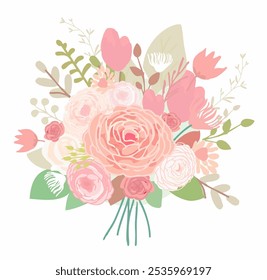 Bouquet romântico de flores em cores rosa e pastel, bouquet de rosas, ilustração vetorial para convites de casamento, cartões de saudação