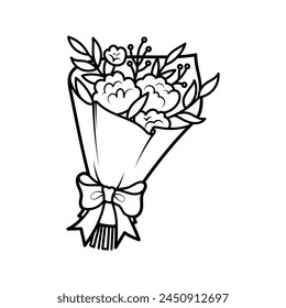 Romantic bouquet of flowers tied with a bow. Holiday gift. Doodle. Vector botanical illustration isolated on white background.