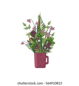 Romantic bouquet with meadow flowers, blades of grass, twigs and sprigs in violet cup. Wildflowers, field herbs, cereal and grass elements. Vector summer illustration isolated on white.