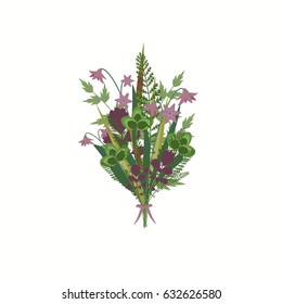 Romantic bouquet with meadow flowers, blades of grass, twigs and sprigs in violet cup. Wildflowers, field herbs, cereal and grass elements. Vector summer illustration isolated on white.