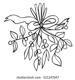 Romantic bouquet of mistletoe with a bow. Black contour lines isolated on white background. Bunch of flowers. Design with mistletoe good for cards, invitations, wedding, Xmas and New year.