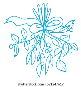 Romantic bouquet of mistletoe with a bow. Blue contour lines isolated on white background. Bunch of flowers. Design with mistletoe good for cards, invitations, wedding, Xmas and New year.
