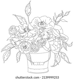 Romantic bouquet with peonies, ranunculus and anemones in a bucket. Manual drawing with a black line. Illustration for meditative coloring, creating decor, cards, invitations, scrapbooking etc