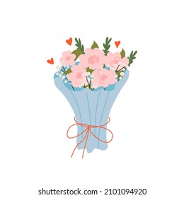 Romantic bouquet of pink peonies in light blue paper. Flowers, hearts. February 14. Vector cute illustration for postcard or poster. Valentine's day. 