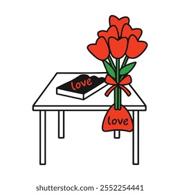 Romantic Bouquet of Red Flowers with Love Book on Table - Perfect for Valentine's Day