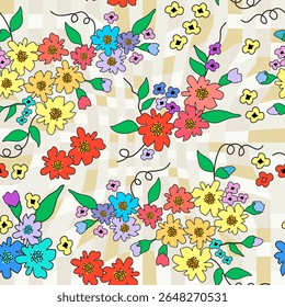 Romantic bouquets of cute red, yellow, blue florets on geometric background with curved stripes of large and small gray and green cells. Seamless pattern in vintage style. For fashion design. Vector.