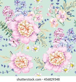 Romantic bouquets on the mint background. Vector seamless pattern with delicate flowers. Peony, delphinium, daisy, gillyflower. Pastel pink, serenity colors.
