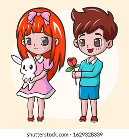 Romantic boy giving a flower to his girl. Cute girl holding white rabbit