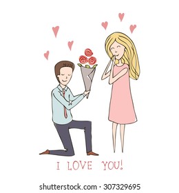 Romantic boy giving a rose to his girlfriend. the inscription "I love you". the moment when the guy standing on the knee gives a girl a bouquet of roses. vector.pencil drawing, pen.