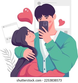 A romantic boyfriend is taking selfie with his darling girlfriend with great passion. Happy young couple portrait. Valentine's Day and Happy Anniversary concept.