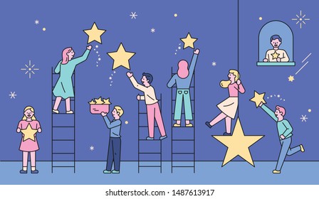 Romantic boys and girls picking stars in the night sky. flat design style minimal vector illustration.