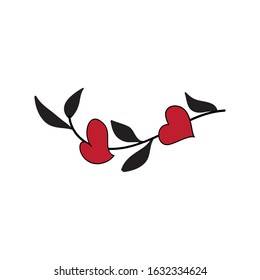 romantic branch with leaves and hearts, graphic design element