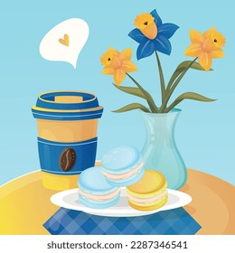 Romantic breakfast with coffee in a paper cup, yellow and blue three macaroons on the plate and daffodils in a vase on a table with blue checkered tablecloth. Patriotic cartoon cute ukrainian postcard