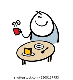 Romantic breakfast in an outdoor cafe. Vector cartoon illustration of a stickman sitting with a cup of hot coffee and enjoying life. Funny stick figure satisfied man is eating a cake in a restaurant.