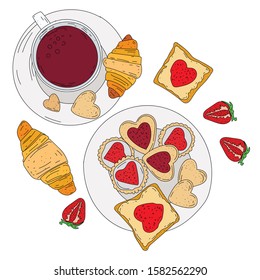 Romantic Breakfast for Valentine's day: cookies and toast with hearts, coffee, croissants.