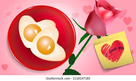 Romantic breakfast. Vector illustration with scrambled eggs and rose
