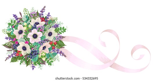 Romantic bridal bouquet with anemone flowers, berries and pink ribbons isolated on white. Wedding decoration. Top view.