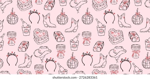 Modelo inconsútil nupcial romántico con la bota del vaquero, la torta del corazón, el champán, el regalo, la bola de la discoteca y los accesorios de la novia, perfectos para la decoración de la despedida de soltera, el abrigo y la papelería del partido.
