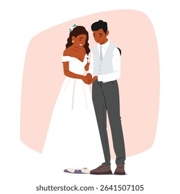Romantic bride and groom characters wearing traditional wedding garment standing together full-length cartoon portrait. Newly married wife and husband, happy young honeymooners vector illustration