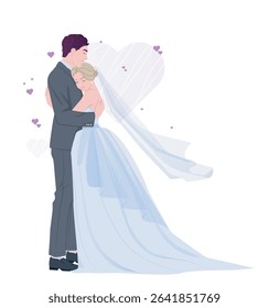 Romantic bride and groom hugging in wedding attire, flat cartoon style, on white background with hearts. Concept of love and marriage. Vector illustration