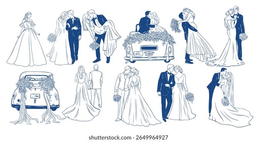 Noiva romântica e noivo Poses lineares casamento casal ilustrações, mão desenhada minimalista Clipart com clássico carro e amor cenas
