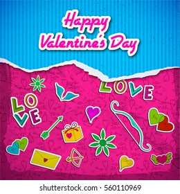 Romantic bright template with blue striped torn paper cartoon colorful elements and pink icons background vector illustration