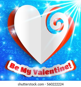 Romantic bright template with paper inscription heart light sparkling effects on blue icons background isolated vector illustration