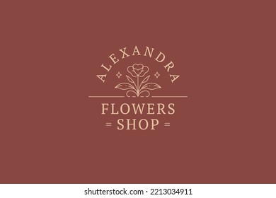 Romantic bright wild flower natural organic spring blossom decorative design line logo vector illustration. Elegant bloom floral plant bud petal stem leaves brand emblem with place for text