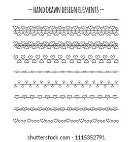 Romantic Brushes. Border with Heart. Hand Drawn Vector Line Border Set. Design element. Valentine Day. Trendy doodle style