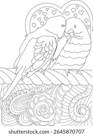 Romântico bugies linha arte com corações e padrão ornamentado para livro de coloração adulto e terapia de relaxamento.