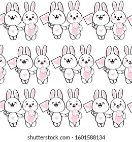 Romantic bunnies  in the kawaii style for Valentine's Day on a white background seamless pattern. Concept love