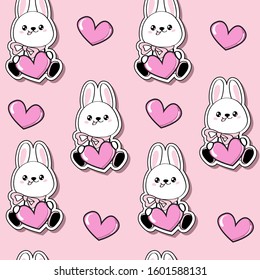 Romantic bunnies on the kawaii style and hearts on a pink background. Valentine's Day seamless pattern. Animal illustration