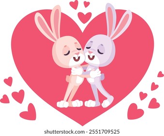 Romantic bunny couple with big heart. Love symbol isolated on white background