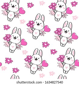 Romantic bunny holds a chamomile and heart on a white background seamless pattern. Valentine's day vector illustration