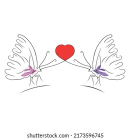 Romantic butterfly with love line art drawing style, the butterfly sketch black linear isolated on white background, the best butterfly love line art vector illustration