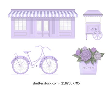 Café romántico, bicicleta, carrito de caramelos, flores. Elementos, iconos de pieza para ilustración, imprimir