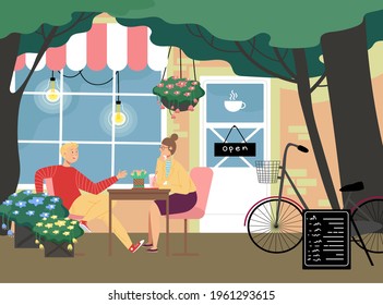 Romantic cafe restaurant place, lovely couple man and woman communicate sitting cafeteria outdoor table flat vector illustration.