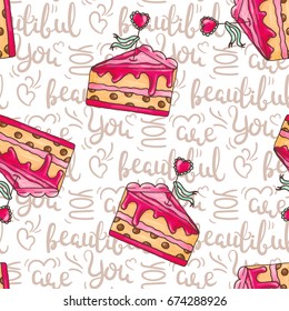 Romantic cakes seamless pattern illustration with quotes. You are beautiful text. Wedding cakes. Pastry and bakery background. Vector design for baker shop, cafe.