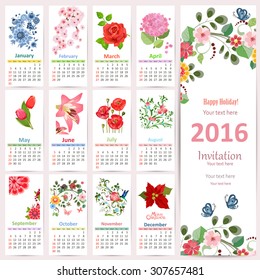 Romantic Calendar for 2016 with beautiful flowers. Cute card with floral design.