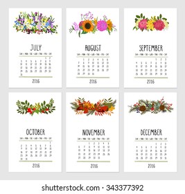 Romantic calendar set for 2016 with beautiful flowers. Cute card with floral design.  Week starts on Sunday. Isolated. Vector.