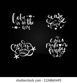 Romantic calligraphy collection. Handwritten modern lettering set with doodle elements on black background. For wedding and valentine's day cards, prints, invitations