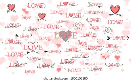 Romantic calligraphy hand drawn heart with words I love you. Wedding or Valentines day invitation card. Vector illustration